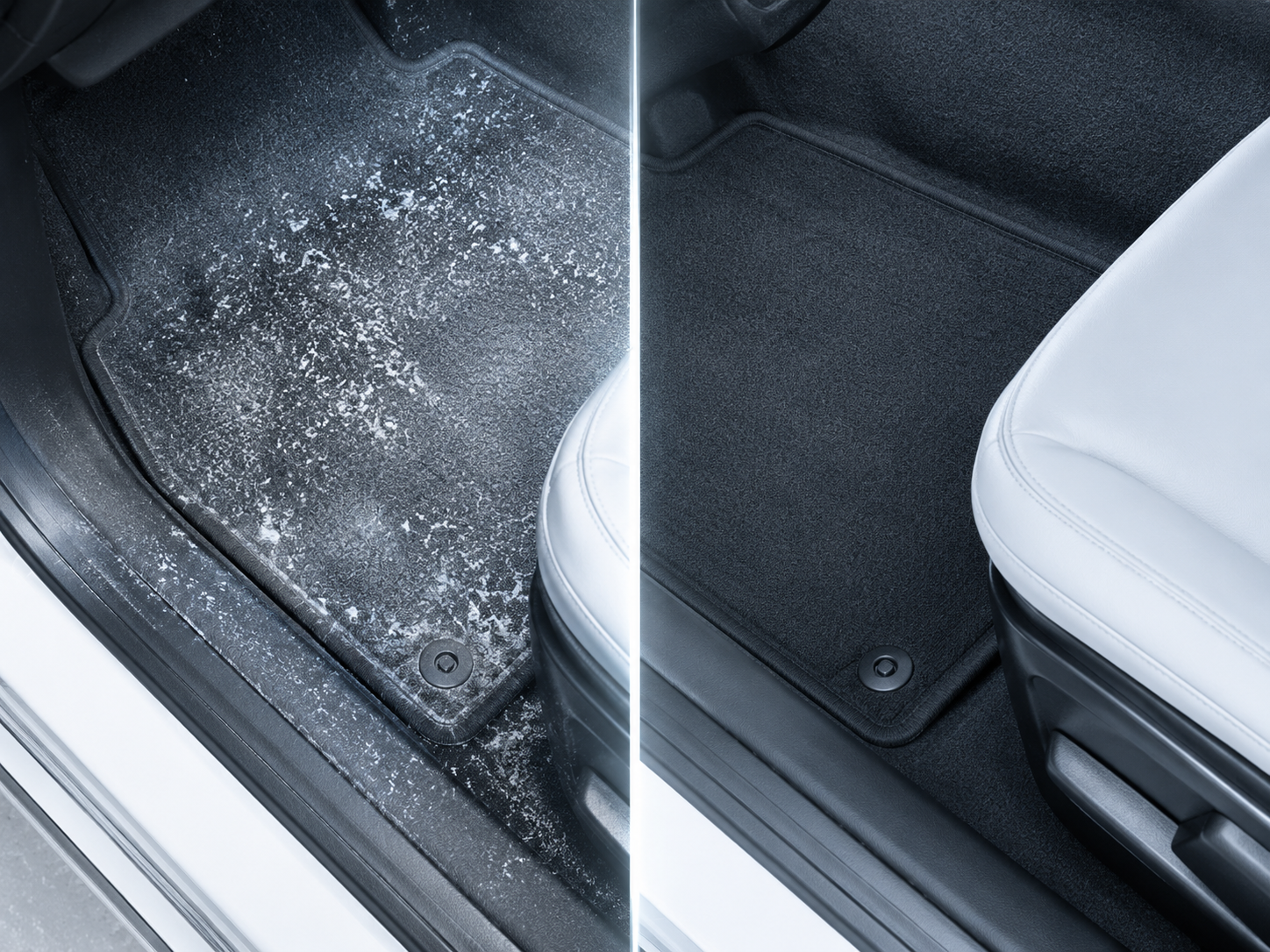 Before and after car floor and mat cleaning